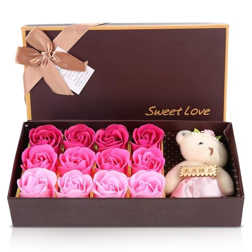 Cyrank 12 Rosen-Blumen-Seifenblume, künstliche Rosen-Rosen-Geschenk-Sets für Frauen-Plüsch-Bären-Valentinstag-Romantisches Geschenk mit Kasten(Rosa) von Cyrank