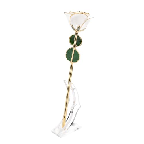 Cyrank 24K Gold Rose, Vergoldete Rose Ewige Rose in Gold Getauchte Rose, 24-karätige Vergoldete Echte Rose Mit Langem Stiel-Ständer, Weiß Vergoldete Rose, Für Immer Konservierte Echte Rose von Cyrank