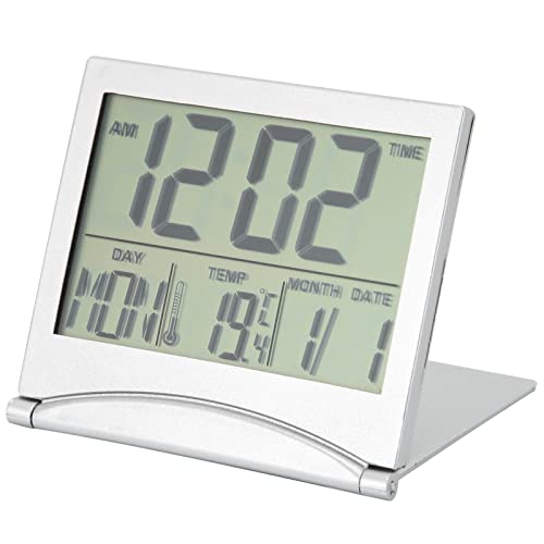 Cyrank Digitaler Reisewecker, kleine Digitaluhr, batteriebetrieben, Faltbarer Reisewecker, Temperatur-Schreibtischuhr, Kalender, Temperatur-Timer-Uhr von Cyrank