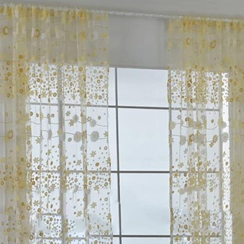Cyrank Durchscheinender Vorhang, durchscheinender floraler Voile-Vorhang, eleganter durchsichtiger Vorhang, Blumen-Tüll, transparente Fensterbehandlung für Wohnzimmer, Schlafzimmer(100cm*250cm-Gelb) von Cyrank