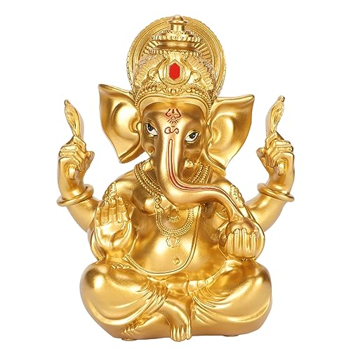 Cyrank Ganesha-Statue, Hinduistische Elefantengott-Statue, Kunstharzskulptur, Ganesh-Buddha-Figur, Dekorative Indische Elefantengott-Verzierung Für Den Hausgarten(Gold) von Cyrank