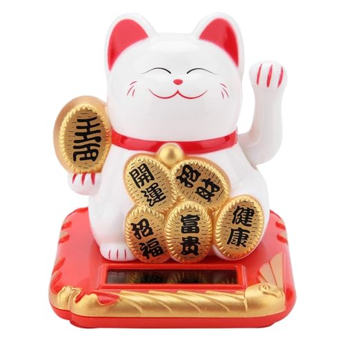 Cyrank Glückskatze, Chinesische Winken Katze Nette Begrüßungskatze Solar Winkend Beweglicher Arm Katze Gold Reichtum Fortune Katze Feng Shui Dekoration(Weiß) von Cyrank