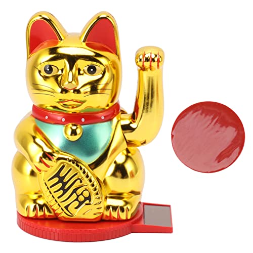 Cyrank Lucky Fortune Cat, Lucky Cat Winkearm Lucky Cat Decor Lucky Feng Shui Cat Solarbetriebene Süße Winkekatze Mit Doppelseitigem Aufkleber(Gold) von Cyrank