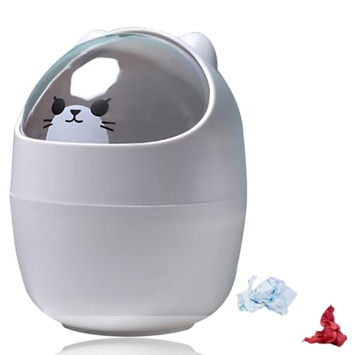 Schreibtisch Bin, 15.5x11cm/6.1x4.3in 500ml Nette Mini Desktop Mülleimer Cartoon Katze Tier Form Countertop Bin mit Swing Deckel Mini Mülleimer Kunststoff Abfalleimer Kleiner Abfalleimer (Grau) von Cyrank