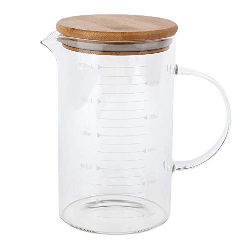 Glaskrug, Wasserkrug aus Glas mit Holzdeckel, transparenter Saftkrug mit Messskala, Wasserkaraffe, 33,8 oz/1000 ml von Cyrank