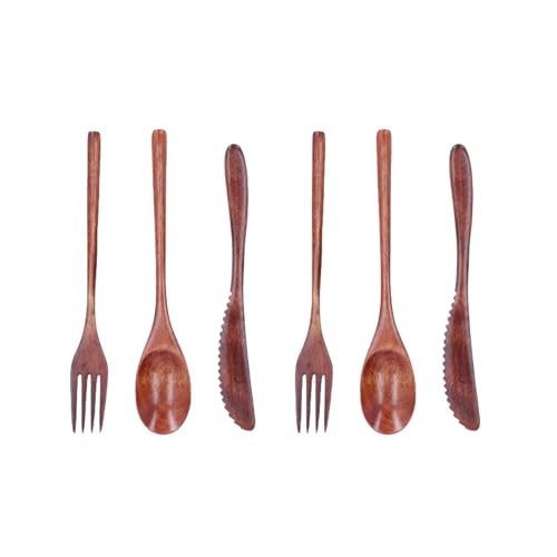 Holzlöffel-Gabel-Messer-Besteck-Set, 6-teilige wiederverwendbare Holzlöffel und -gabeln, natürliche Holzutensilien zum Essen, Holz-Essgeschirr-Set von Cyrank