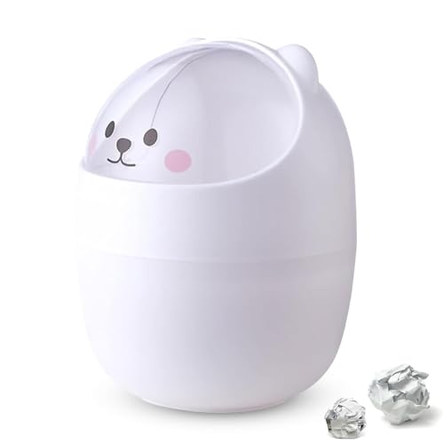 Schreibtisch Bin, 15.5x11cm/6.1x4.3in Nette Mini Desktop Mülleimer Cartoon Katze Tier Form Countertop Bin mit Swing Deckel Abfalleimer Kleiner Abfalleimer Tiny Mülleimer Ffor Schreibtisch(Weiß) von Cyrank