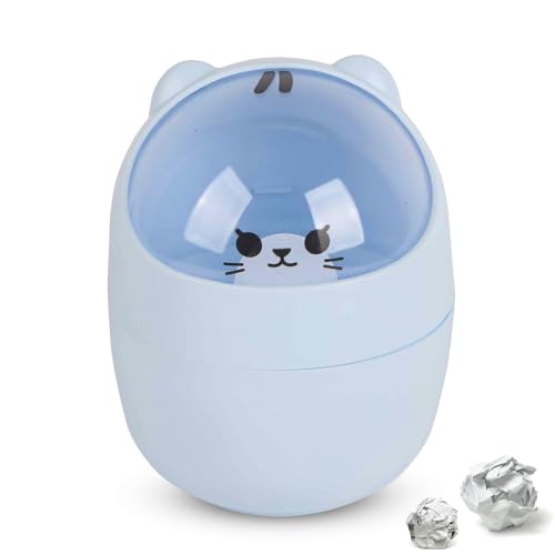 Nette Mini Desktop Mülleimer, Mülleimer Cartoon Katze Tier Form Abfalleimer Papierkorb mit Schwingendeckel Mini Countertop Mülleimer Kleine Mülleimer Portable Tabletop Mülleimer für Zuhause (blau) von Cyrank