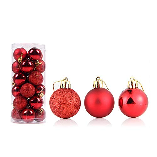 Cysincos 24 Stück 3 cm Weihnachtskugel Weihnachtsbaum Deko Christbaumkugeln Baumschmuck Weihnachten Weihnachtsdeko(rot) von Cysincos