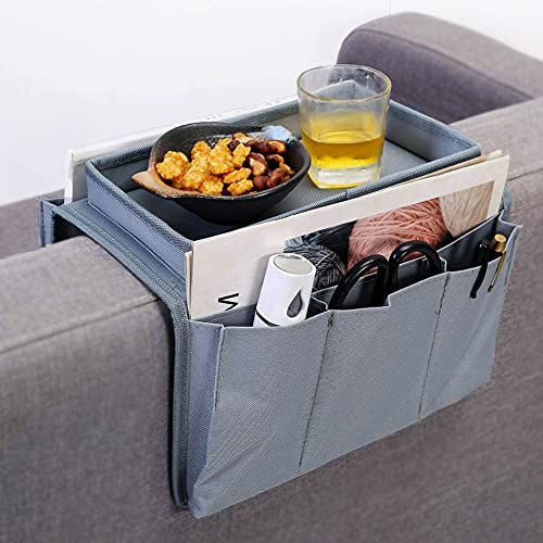 Sofa Armlehne Organizer Faltbar Sofa Butler mit Tablett Caddy Tasche Couch Sessel TV Fernbedienung Halter Hängen Sofatablett Couch Aufbewahrungstasche für Snacks, Getränke, Magazin, Handy iPad von Cysocool