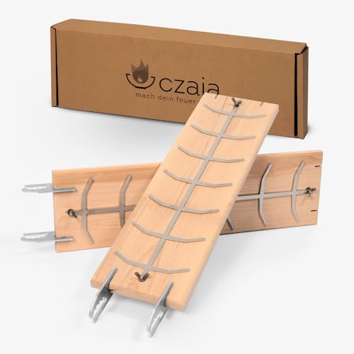 Czaja® Flammlachsbrett 2er Set für Feuerschale und Kugelgrill | Hergestellt in Deutschand | Nutzbar von Allen Seiten für höhere Lebensdauer | Flammlachsbretter aus Buche mit Edelstahl Halterung von Czaja