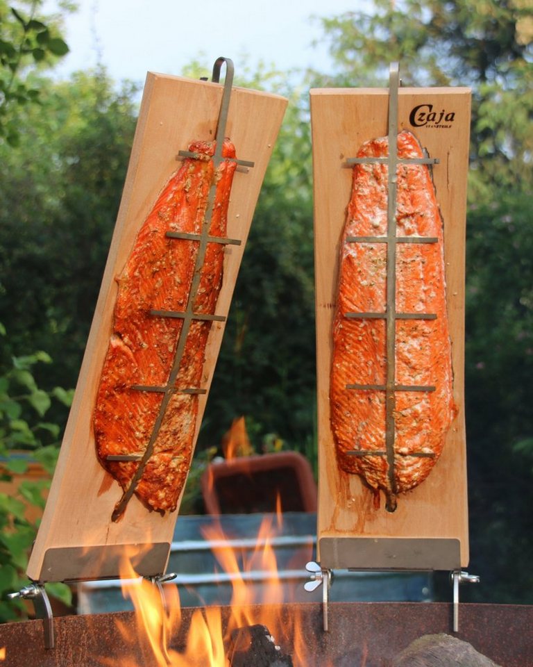 Czaja Räucherbrett Flammlachsbrett 2er Set aus Buchenholz mit Halterungen aus Edelstahl, Buchenholz und Edelstahl von Czaja