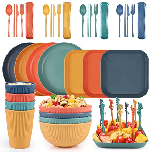 Czemo Camping Geschirr Set 48 Teiliges Geschirrsets aus Kunststoff Camping Geschirr Set 4 Personen Picknickgeschirr, Plastikgeschirr mit Tellerset, Schüssel, Becher, Besteck Set von Czemo