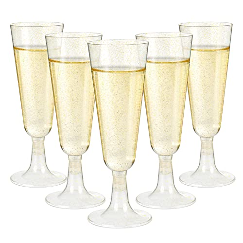 Czemo 50 Stück Sektgläser Plastik Sektglas Gold Sektgläser Kunststoff Hartplastik Becher Champagnergläser Sektflöten für Hochzeiten, Geburtstage, Picknicks, Partys & Outdoor, 150ml von Czemo