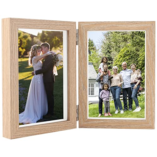 Czemo Holz Bilderrahmen für 2 Fotos faltbar Bilderrahmen Collage,Doppelt Collage Fotorahmen Portraitrahmen Rahmen Frame für den Schreibtisch oder Familie Hochzeit Geschenke(2x10x15cm,Hellbraun) von Czemo