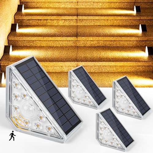 Czemo Solar Treppe Lampe Solar Treppenlicht mit Sensor 1200mAh 3000K Warmweiß IP67 Wasserdicht LED Treppenleuchten im Freien Treppenbeleuchtung für Stufen, Garten, Patio Außentreppe, 4Pcs von Czemo