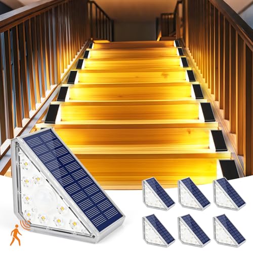 Czemo Solarlampen für Außen Treppenbeleuchtung Solar Treppe Lampe mit Bewegungssensor 1200mAh 3000K Warmweiß IP67 Wasserdicht LED Stufenleuchte Treppenlicht für Garten Stufen Gehweg Weg Patio, 6Pcs von Czemo