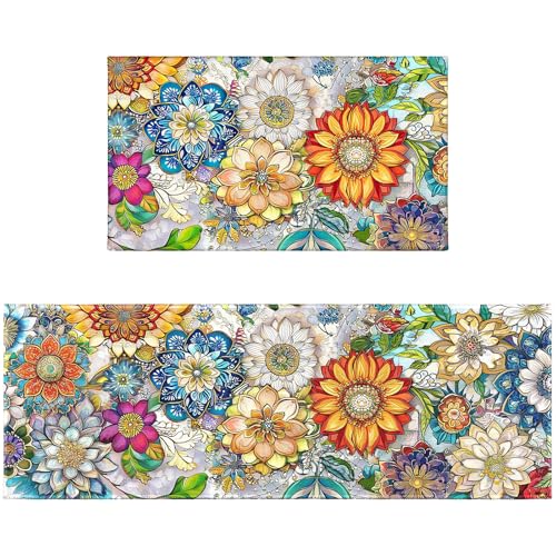 Boho-Küchenteppich-Set, 2er-Set, rutschfest, Blumenmotiv, Mandala, Floral, Küchenläufer mit Gummi-Rückseite, waschbar, bunte Küchenmatten für Bodenteppich, 43,2 x 119,4 cm + 43,2 x 76,2 cm, für von Czeservior