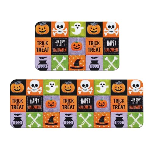 Halloween-Küchenteppich-Set, rutschfest, orangefarbener Geist, Totenkopf, Kürbis, kariert, Küchenläufer mit Gummi-Rückseite, waschbar, violett, Küchenmatten für Boden, Küche, 43,2 x 119,4 cm + 43,2 x Halloween-Küchenteppich-Set, rutschfest, orangefarbener Geist, Totenkopf, Kürbis, kariert, Küchenläufer mit Gummi-Rückseite, waschbar, violett, Küchenmatten für Boden, Küche, 43,2 x 119,4 cm + 43,2 x von Czeservior