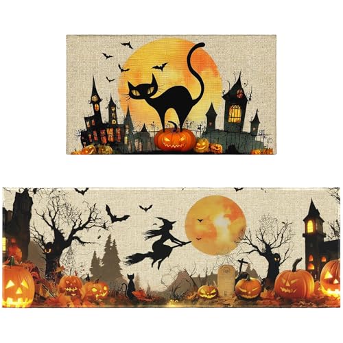 Halloween-Küchenteppich-Set, rutschfest, schwarze Katze, Hexe, Kürbis, Küchenläufer mit Gummi-Rückseite, waschbare Fledermäuse, Küchenmatten für Boden, Küche, 43,2 x 119,4 cm + 43,2 x 76,2 cm, für Halloween-Küchenteppich-Set, rutschfest, schwarze Katze, Hexe, Kürbis, Küchenläufer mit Gummi-Rückseite, waschbare Fledermäuse, Küchenmatten für Boden, Küche, 43,2 x 119,4 cm + 43,2 x 76,2 cm, für von Czeservior