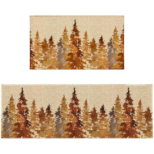 Herbstbaum-Küchenteppich-Set, rutschfest, Herbstwald, Naturpflanze, gebrannter Orangenbaum, Küchenläufer mit Gummirückseite, waschbar, rustikale Küchenmatten für Boden, 43,2 x 119,4 cm + 43,2 x 76,2 von Czeservior