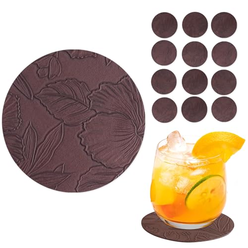 Czzmy Untersetzer Gläser 12er Set,Doppelseitigen Untersetzer aus Kunstlede Leder,Glasuntersetzer,Glas untersetzer Set,Tischuntersetzer Lederoptik Untersetzer(12-Dunkelbraun) von Czzmy