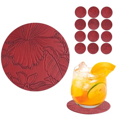 Czzmy Untersetzer Gläser 12er Set,Doppelseitigen Untersetzer aus Kunstlede Leder,Glasuntersetzer,Glas untersetzer Set,Tischuntersetzer Lederoptik Untersetzer(12-Dunkelrot) von Czzmy