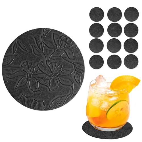 Czzmy Untersetzer Gläser 12er Set,Doppelseitigen Untersetzer aus Kunstlede Leder,Glasuntersetzer,Glas untersetzer Set,Tischuntersetzer Lederoptik Untersetzer(12-Schwarz) von Czzmy