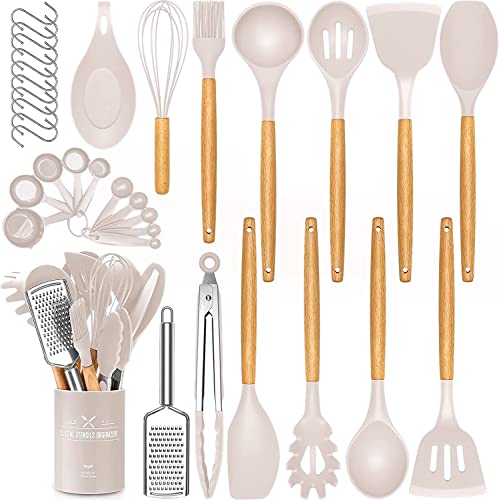 34-teiliges Silikon-Küchen-Kochutensilien-Set, hitzebeständiges Utensilien-Set mit hochwertigen Edelstahlgriffen zum Kochen und Backen, antihaftbeschichteter Spatel, Küchenhelfer, Kochgeschirr-Set von D L D