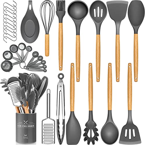 34-teiliges Silikon-Küchen-Kochutensilien-Set, hitzebeständiges Utensilien-Set mit Premium-Edelstahl-Griffen zum Kochen und Backen, Antihaftspatel, Küchenhelfer, Kochgeschirr-Set (grau) von D L D