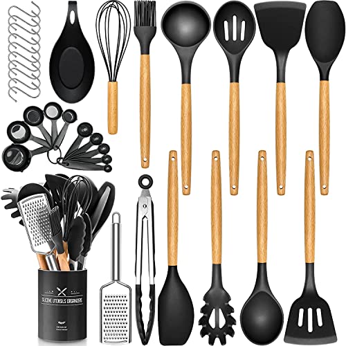 34-teiliges Silikon-Küchenutensilien-Set, hitzebeständiges Utensilien-Set, Antihaft-Spachtel, Kochgeschirr-Set (Schwarz) von D L D