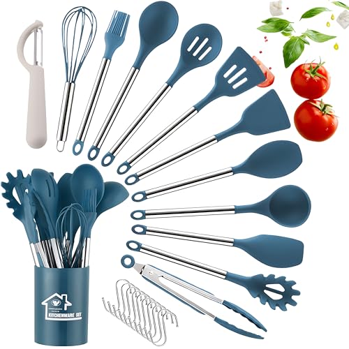 DLD Geschirr Set, 23 Stück Edelstahl Griff Silikon Geschirr Set, hitzebeständig, Antihaft Oberfläche Zange, Löffel Set, spülmaschinenfest, beste Küchenutensilien von DLD