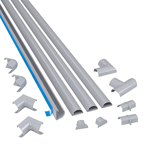 D-Line 4 Meter Mini-Kabelkanal Multipack, halbrunde Drahtabdeckungen, Kabelmanagement, selbstklebende Kabelführung – 4 x 30 mm (B) x 15 mm (H) x 1 m Länge und 12 Zubehörteile – Aluminium-Effekt von D-Line