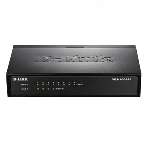 D-Link des-1008 Pa Switch – Netzwerk Switch (Ungemanaged, Fast Ethernet (10/100), IEEE 802.3, IEEE 802.3 Af, IEEE 802.3U, IEEE 802.3 X, 1000 Eintragungen, 1, 6 Gbit/S, 1 Gbit/S) Schwarz von D-Link