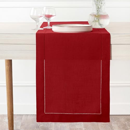 D'Moksha Homes Tischläufer aus 100 % reinem Leinen, Hohlsaum, 35.6 x 182.9 cm, göttliches Rot, natürlicher Stoff, handgefertigter Kommodenschal mit Gehrungsecken, tolle Geschenkidee von D'Moksha Homes