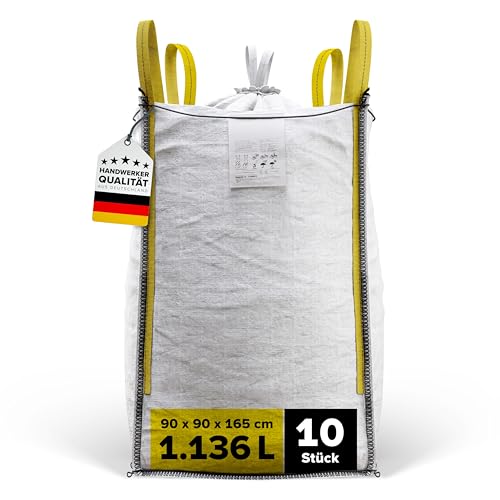 D-TACK 10x Big Bag | 90 x 90 x 165 cm | Säcke für Bauschutt, Holz, Laub, Kies, Sand, Erde, Gartenabfall, Grünschnitt, Pellets | 4 Schlaufen für Kran & Stapler | 1.000 kg | Inkl. Schürze zum Zubinden von D-Tack