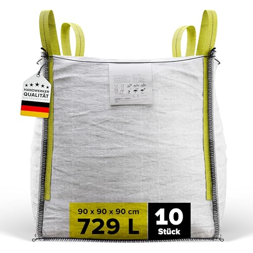 D-TACK 10x Big Bag | 90 x 90 x 90 cm | Säcke für Bauschutt, Holz, Laub, Kies, Sand, Erde, Gartenabfall, Grünschnitt, Pellets | 4 Schlaufen für Kran & Stapler | 1.500 kg | Witterungsbeständig von D-Tack