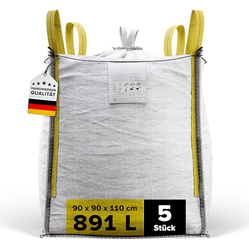 D-TACK 5x Big Bag | 90 x 90 x 110 cm | Säcke für Bauschutt, Holz, Laub, Kies, Sand, Erde, Gartenabfall, Grünschnitt, Pellets | 2 Schlaufen für Kran & Stapler | 1.000 kg | Inkl. Schürze zum Zubinden von D-Tack