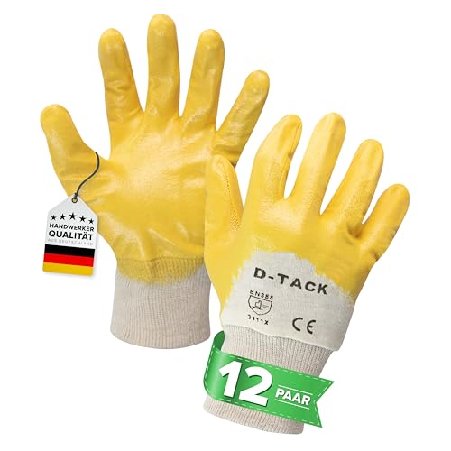 D-Tack 12 Paar Arbeitshandschuhe Flüssigkeitsabweisend | XL (10) | Für Arbeit mit Fetten, Ölen & Flüssigkeiten | Großflächig beschichtet | Wasserundurchlässig | Ausgezeichnete Griffigkeit von D-Tack