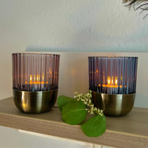 2er Windlicht Set Metall Bronze – Tischdeko edel - Retro Teelichthalter groß - Kerzenhalter modern - Deko Glas Aesthetic – Home Dekoration - Garten Laterne von D WIE DEKO