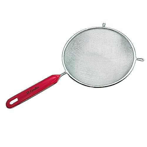 D'Emilia - Küchensieb aus Edelstahl mit rotem ergonomischem Griff, Lebensmittelsieb, Gemüseabtropffläche mit feinem Netz und verstärktem Rand von D'emilia