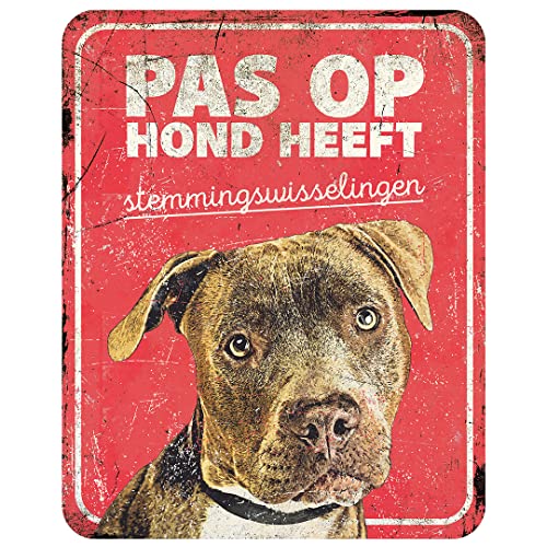 D&D Home, Warnschild Achtung am Hund, 25 x 20 x 0,3 cm, niederländische Version, roter Hintergrund, Warnschild aus Metall, rostbeständig, mit lustigem Text von D&D Home
