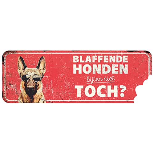 D&D Home, Warnschild Achtung am Hund, 40 x 13 x 0,3 cm, niederländische Version, roter Hintergrund, Warnschild aus Metall, rostbeständig, mit lustigem Text von D&D Home