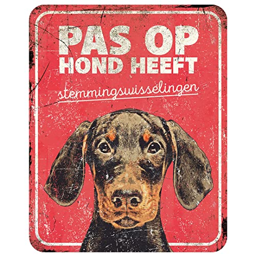 D&D Home, Warnschild "Achtung vor dem Hund", 25 x 20 x 0,3 cm, niederländische Version, roter Hintergrund, rostbeständiges Metallschild mit lustigem Text von D&D Home