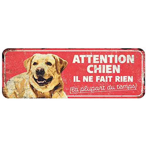 D&D Home, Warnschild Attention au Hund, 40 x 13 x 0,3 cm, französische Version, roter Hintergrund, Warnschild aus Metall, rostbeständig, mit lustigem Text von D&D Home