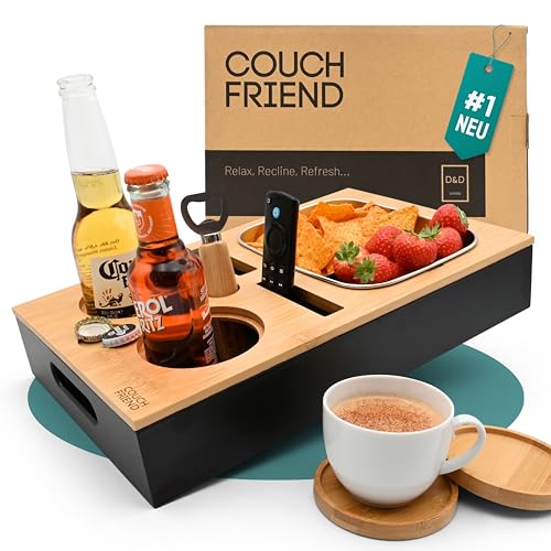 D&D Living® Couchbar Snackbox | Bambus Sofa Butler als Snackbar und Couch Organizer mit XL Schale | Getränkehalter Couch Console mit Flaschenöffner von D&D Living