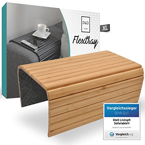D&D Living Sofatablett - Couch Ablage flexibel für Armlehne aus natürlichem Holz | Tablett für Sofa, Bambus Natur (XL) von D&D Living