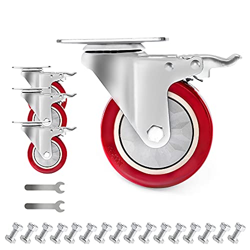 D&L Lenkrollen, 10,2 cm (4 Zoll), 200 lbs belastbare Rollen mit Bremse, Polyurethan, Dual Locking Rollen, 4 Stück, Rot DL-I4-001 von D&L