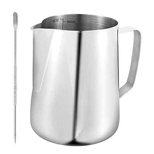 Milchkännchen, 900 ml, Edelstahl, Hand-Milchkaffee-Aufschäumkrug, Barista-Milchkännchen, Tasse mit Messmarkierung und Latte-Art-Stift für die Herstellung von Cappuccino, Latte-Kaffeekunst Milchkännchen, 900 ml, Edelstahl, Hand-Milchkaffee-Aufschäumkrug, Barista-Milchkännchen, Tasse mit Messmarkierung und Latte-Art-Stift für die Herstellung von Cappuccino, Latte-Kaffeekunst von D & N