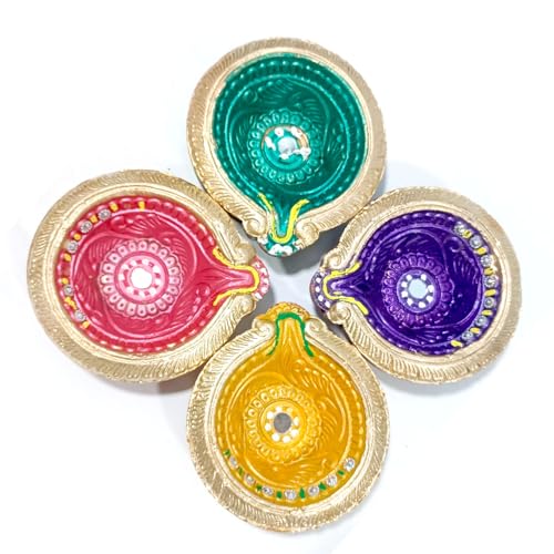 Handgefertigte und bemalte bunte erdliche Terrakotta-Ton, Diyas, Diwali, Heimdekoration, Ton, Lampen, Ton, bunt, Diya-Designer Akhand Deepak Diya Set mit 4 Stück von D & S